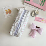 Popxstar Korean Lace Floral Pencil Case Portable Fabric Ruffle Stationery Organizer  Aesthetic Study Pen Bag for Students Back To School