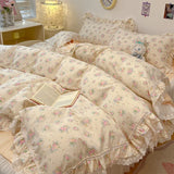 Popxstar  4Pcs Vintage French Fresh Floral Lace Ruffles 100% Cotton Bedding Set Duvet Cover Bed Skirt/Bed Sheet/Fitted Sheet Pillowcases