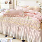 Popxstar 3Pcs Pink Skin-friendly Soft Three-dimensional Flowers Embroidery Lace Ruffles Princess Bedding Set Duvet Cover With Pillowcases