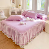 Popxstar shabby chic Princess Style Lace Bed Skirt + Pillowcases Bedding Bedspreads Sheet Pink Lace Bedding Set Solid color Bed For Girl Bed Cover