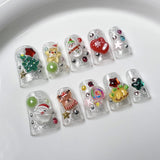 10Pcs Christmas Red Press on Nails Duckbill Shape Nail Cute 3D Cartoon Fake Nails Santa Claus Christmas Tree Decor False Nails