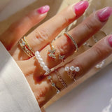 Popxstar Bohemian Butterfly Pearl Rings Set for Women Shine Pearl Gothic Vintage Plated Retro Rhinestone Simple Finger Jewelry Gift