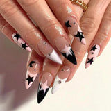 popxstar 24pcs/set Almond Pink False Nail Blue Stars Design Fake Fingernails Wearable Artificial Acrylic Full Cover Press On Nail Tips