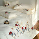 Popxstar  Flowers Towel Embroidery Bedding Set 100% Cotton Brushed Single Queen King Size Duvet Cover Flat/Fitted Sheet Pillowcases 3/4Pc