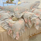 Popxstar 2/3Pc Korean Princess Style Floral Ruffles Bedding Set Single Queen Size Soft Skin-friendly Washed Cotton Duvet Cover Pillowcase