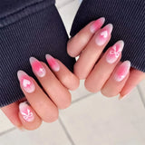 Popxstar  Blush Pink Almond Fake Nails Love Heart Bowknot Star Printed Acrylic Nails Press On 24Pcs Full Cover False Nails for Manicure