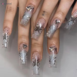 Popxstar  24Pcs Y2K Nails Tips Long Coffin Star Designs Diamond Fake Nails Full Cover Press on Nail Clear Acrylic Stick-on Nails for Girls