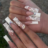 Popxstar 24Pcs Pure White French Press on Nails Long Square Head False Nails with Pearl Pink Bow Design Ballet Wearable Fake Nails