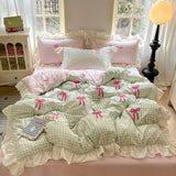 Korean Style Bedding Sets Pink Grid Bow Quilt Cover Romantic Bed Sheet Sets Woman Girls Bedroom Duvet Cover 4pcs
