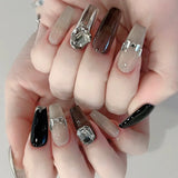 popxstar Black Y2K Press on Nails Long Coffin Pink Fake Nails with Diamond Designs Gradient Color Wearable False Nail for Women 2025 New