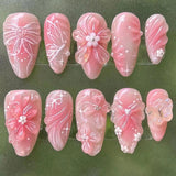 Popxstar 24pcs Sweet False Nail Patches Detachable Fake Nail Tips With Bowknots Love Heart Pearl Design Pink Almond Korean Press On Nail