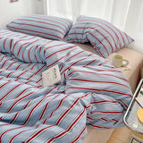 Popxstar  Simple Style Red And Blue Strip Duvet Cover Set Bed Sheet Set Washed Cotton Bedding Set