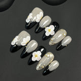 Popxstar  10Pcs Handmade Press On Nails Simple DIY Manicure Almond Black French Tips Fake Nails 3D White Flower Designs False Nails Art