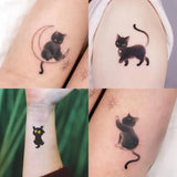 Popxstar Cute Black Cat Temporary Tattoos for Woman Man Arm Art Cartoon Fake Tattoo Waterproof Anime Yellow Moon Sleeping Kitten Sticker