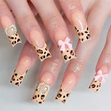 popxstar 24Pcs Pink French Style Fake Nails 3D Bowknot Designs Short Square Press on Nails Sweet Korean Fashion False Nail for Women Girl