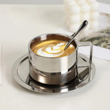 Popxstar 200ml Espresso Cup Saucer Scoop Included Dual Wall 304 Stainless Steel Milk Mug Coffee Cup Mirror Drinkware for Cafeteria