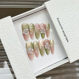 Popxstar  Gradient Pink/Green Fake Nails 10Pcs Handmade Press On Nails 3D Flower Designs Long Almond False Nails Patches for Manicure