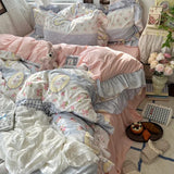 Popxstar 3/4Pcs Korean Princess Style Floral Ruffles Bedding Set Skin-friendly Soft Duvet Cover Set Bed Sheet Or Bed Skirt Pillowcases