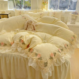 New INS Princess Style Bedding Sets Ruffle Lace Bow Quilt Cover Romantic Bedclothes Woman Girls Bedroom Duvet Cover 4pcs