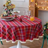 Popxstar Christmas Round Table Cloths Plaid Tablecloth with Tassel Dust-Proof Table Covers for Kitchen Party Dinner Tabletop Decoration