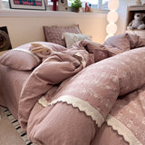 3/4Pcs Bedding Set Korean Lace Trim Purple 2-Seater Bed Down Duvet Cover Queen Sheets Bed Linen Cotton Full-Size Four-Season