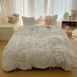 Solid Color Pleated Textured Soft Breathable Chic Princess 4pcs Bedding Set, Delicate Bows Twin Duvet cover Bed sheet Pillowcase