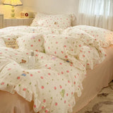 Popxstar  Princess Style Bedding Sets Ruffle Lace Bow Quilt Cover Romantic Bedclothes Decor Woman Girls Bedroom Duvet Cover 4pcs