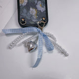 Popxstar Y2K Lattice Ribbon Bowknot Pearls Bag Pendant Charm Heart Keychain Elegant Beaded Keyring Sweet Key Chain Phone Key Bag Hangings