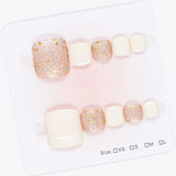 Popxstar  24Pcs Summer Fake Toenails White Short Square Press On Toe Nails Glossy Sequins Designs Women Girls Acrylic False Nails Art