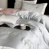 Popxstar  Chinese Style Orchid Embroidery Luxury Bedding Set 800TC Lyocell Silky Cooling Duvet Cover Flat/Fitted Bed Sheet Pillowcase 4Pcs