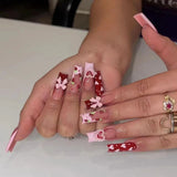 Popxstar 24Pcs Ballet Nails Set Press on Green Flower Deisgn Long Square Head False Nails with Rhinestone Wearable Full Cover Fake Nail