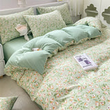 Popxstar Korean Retro Floral Bedding Set 100% Washed Cotton Bed Sheets Set Soft Duvet Cover Bed Linen Pillowcase Single Double Queen King