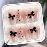 popxstar Blush Pink Handmade Press On Nails 10Pcs Glossy Ballerina Fake Nails 3D Black Bowknot Decor Women Girls Charm False Nail Patches