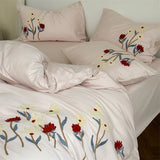 Popxstar  Flowers Towel Embroidery Bedding Set 100% Cotton Brushed Single Queen King Size Duvet Cover Flat/Fitted Sheet Pillowcases 3/4Pc