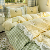 Popxstar  Korean Princess Style Double Layer Lace Flower Embroidery 100% Cotton Bedding Set Plaid Style Duvet Covers Bed Sheet Pillowcases