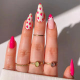 Popxstar  Red/Pink Strawberry Fake Nails Glossy Cat's Eyes Press on Nails Almond Full Cover Wearable Manicure Sweet False Nails for Woman