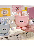 Cute Cartoon Face Large Capacity Pen Holder - Office Desk Organizer Box For Pens, Markers And Stationery, Portable Design Suitable For Students And Office, Blue And Pink With Playful Happy Faces, Office Supplies And Accessori