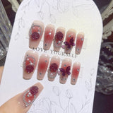 popxstar 24Pcs Mid-Length Fake Nails 3D Flower Pearl Designs Nude Pink Color Press on Nails Ballerina False Nails for Women DIY Manicure