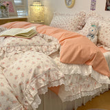 Popxstar  4Pcs Vintage French Fresh Floral Lace Ruffles 100% Cotton Bedding Set Duvet Cover Bed Skirt/Bed Sheet/Fitted Sheet Pillowcases
