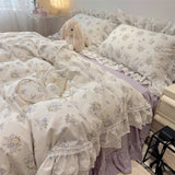 Popxstar  3/4Pcs Korean Princess Style Floral Lace Ruffle 100% Cotton Bedding Set Duvet Cover Bed Skirt/Bed Sheet/Fitted Sheet Pillowcases