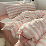 4 Pieces Striped Duvet Cover Set, 100% Washed Cotton Ins Style Bedding Set, Soft Skin Friendly Quilt Cover Bed Sheet Pillowcase