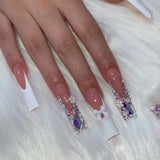 Popxstar 24Pcs White French False Nails with Rhinestone Extra Long Ballet Press on Nails Flower Design Square Head Wearable Fake Nail Tip