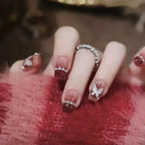 Popxstar 24pcs Red Ballet False Nails Butterfly Fake Nail Glitter Short with Rhinestone French Design Full Cover Press on Nails Tips Art