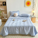 Popxstar INS Style White Pink Quilted Ruffles Quilt Blanket Bedspread Washed Solid Color Korean Princess Style Summer Thin Quilt 1/3Pc