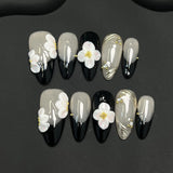 Popxstar  10Pcs Handmade Press On Nails Simple DIY Manicure Almond Black French Tips Fake Nails 3D White Flower Designs False Nails Art