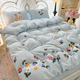 3/4Pcs Bedding Set 3D Floral Embroidered Towel-Stitch Puff-Quilted Red Duvet Cover Muslin Bedding Bed Sheets With Pillowcase