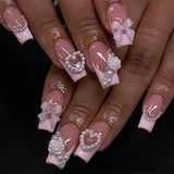 Popxstar 24Pcs Short Ballet False Nails with Bow Design White French Press on Nails Wearable Square Head Full Cover Fake Nail Manicure