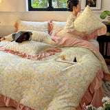 Popxstar  Nordic Bedding Sets 100% Cotton Floral Flat Bed Sheet Set 2 Pillowcases Skin-Friendly Queen King Double Size Bed Linen Set