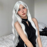 Popxstar Long Water Wave Wig with Bangs White Colorful Cosplay Silky Wig for Women Daily Party Natural Soft Synthetic Hair Heat Resistant