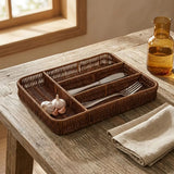Durable 4 Grids Plastic Woven Storage Basket Anti-Slip Rectangular Kitchen Drawer Organizer Washable Cutlery Organizer Forks